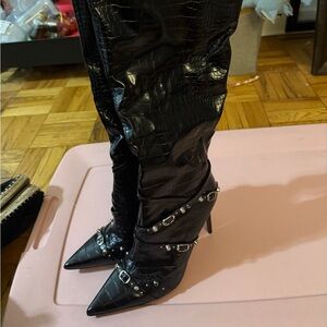 Public Desire Black Croc Over-the-Knee Boots with Buckle Detail
